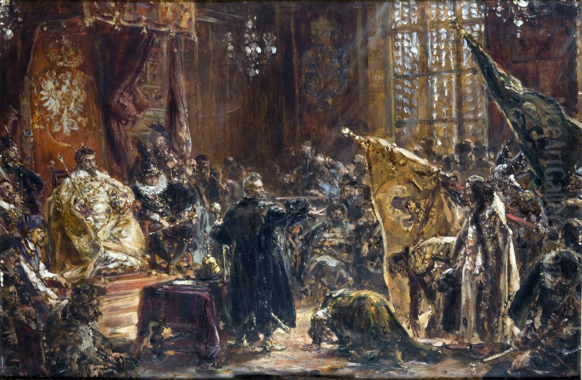 Russian TsarVasili IVShuyski brought by Zolkiewski and compelled to knee before Polish KingSigismund III Vasaat Sejm in Warsaw on 29 October 1611 Oil Painting by Jan Matejko Russian TsarVasili IVShuyski brought by Zolkiewski and compelled to knee before Polish KingSigismund III Vasaat Sejm in Warsaw on 29 October 1611 Oil Painting by Jan Matejko