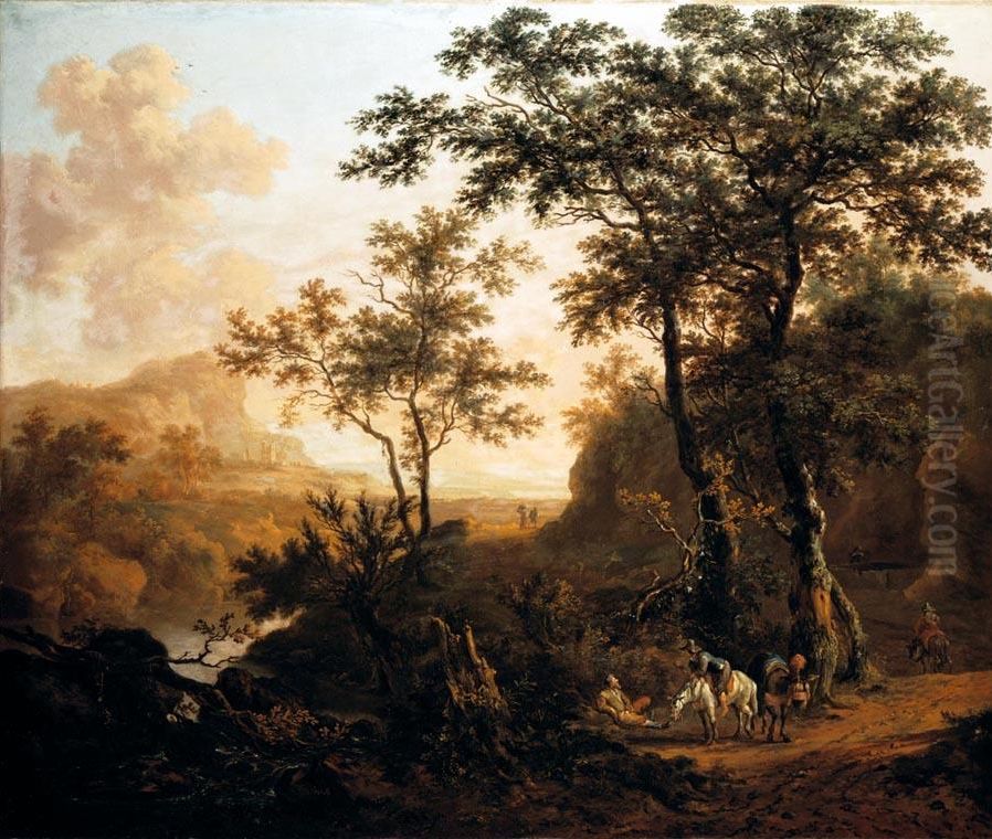 An extensive wooded river landscape with travellers on a rocky road, ruins and mountains beyond Oil Painting by Dirk Dalens