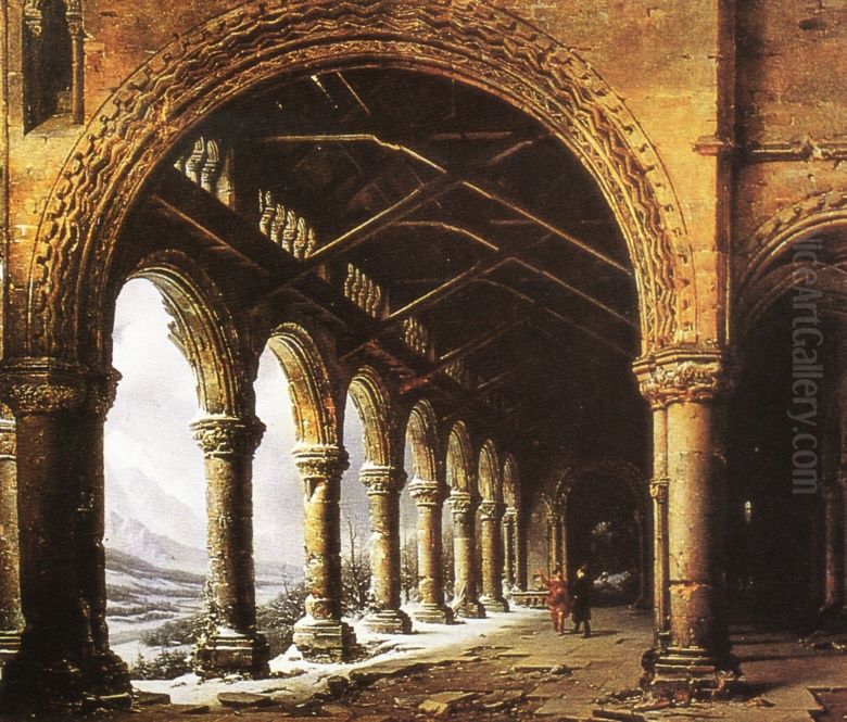 Niebla y nieve en las montanas, vistas a traves de una ruina gotica Oil Painting by Louis Daguerre