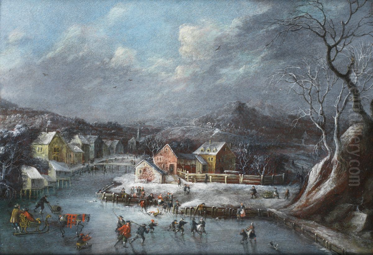Skaters on a frozen lake, before a winter landscape Oil Painting by Dirck Dalens III Skaters on a frozen lake, before a winter landscape Oil Painting by Dirck Dalens III