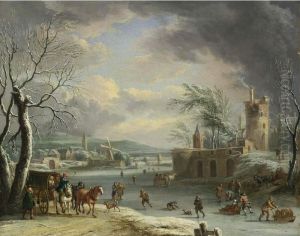 A winter landscape with travellers in a horse-drawn carriage, figures skating, village and church beyond.