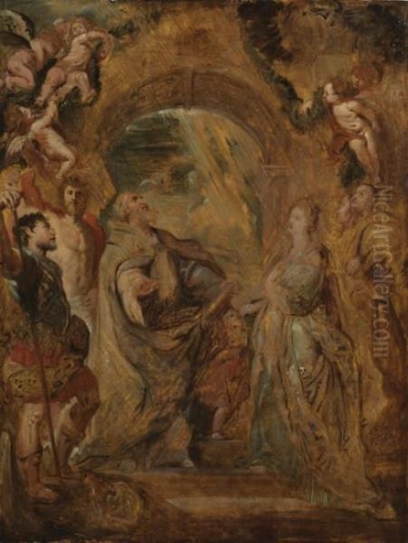 St Gregory, with Sts Maurus and Papianus; St Domitilla with Sts Nereus and Achilleus Oil Painting by (studio of) Rubens, Peter Paul