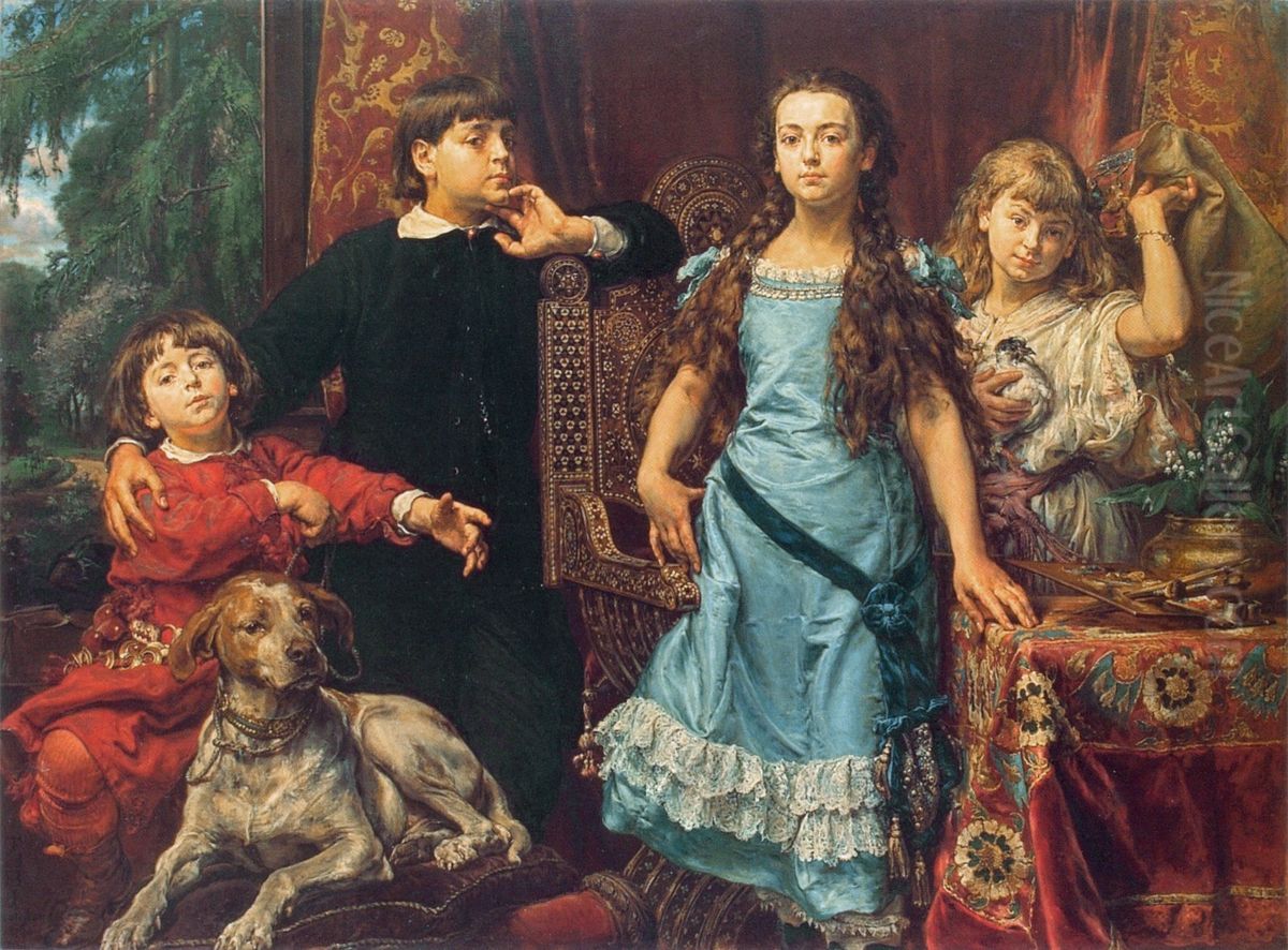 Portrait of the artist's four children Oil Painting by Jan Matejko