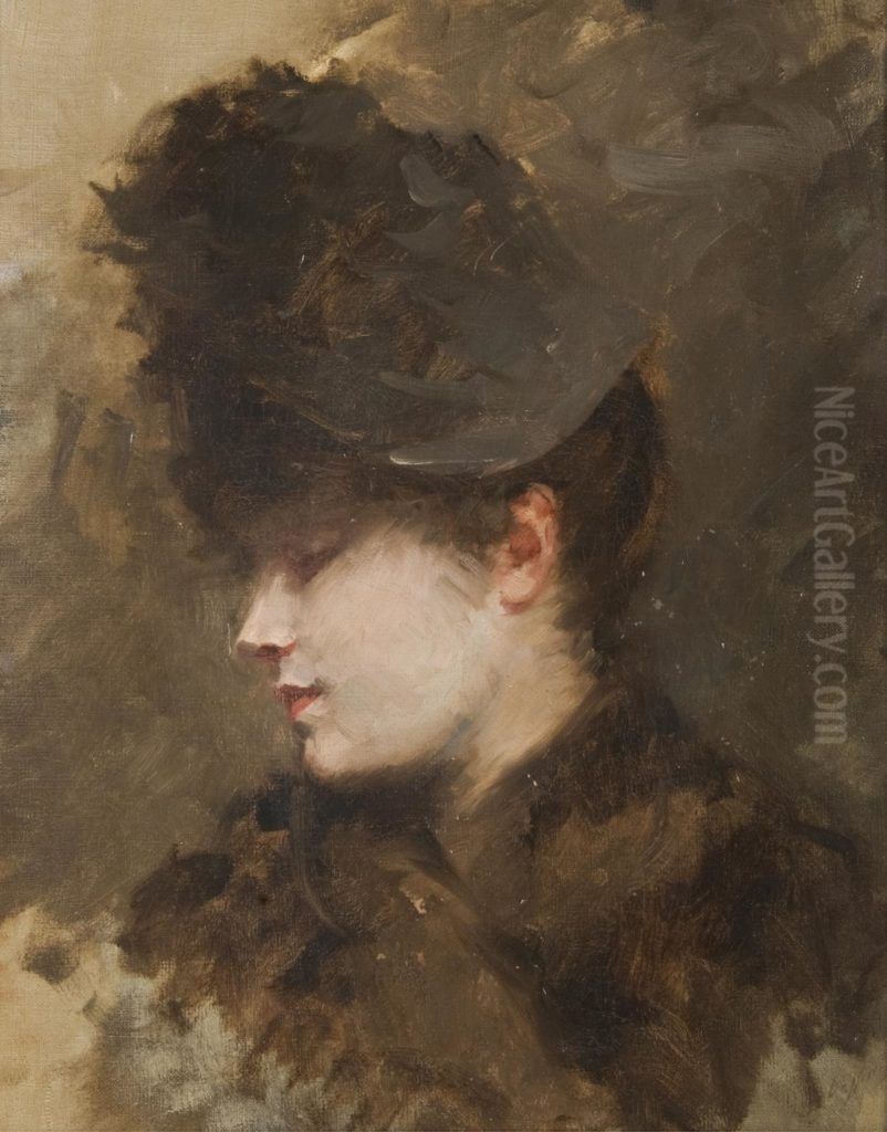 Female head in profile with a small hat Oil Painting by Giuseppe de Nittis