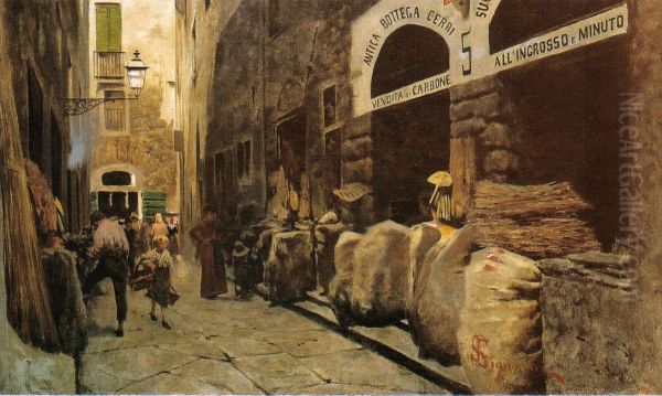 A street of Florence, via del Fuoco (Old Market) Oil Painting by Telemaco Signorini