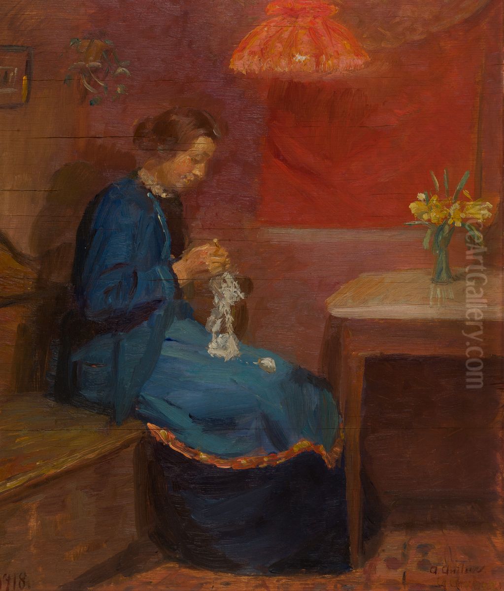 Woman with her needlework. Oil Painting by Anna Ancher