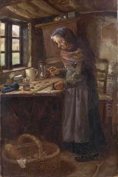 Stine Bollerhus taeller de ved salg af hvedebrod indvundne penge. Oil Painting by Anna Ancher