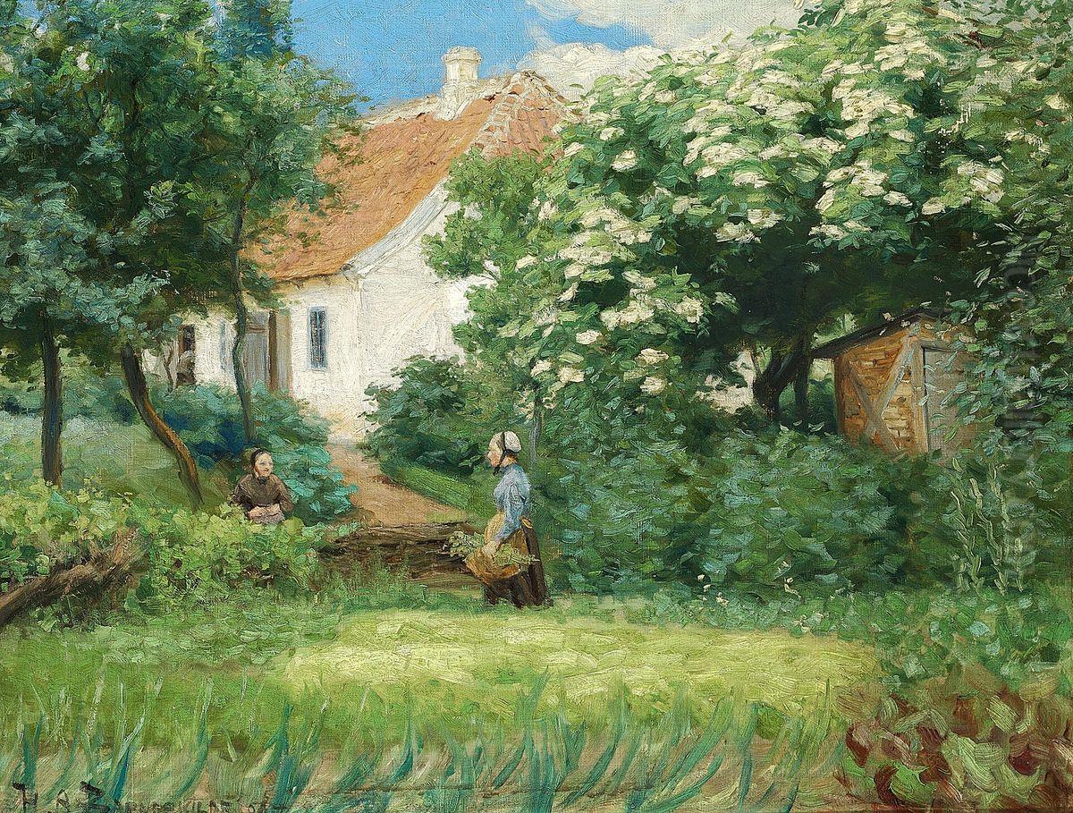 Summer in the garden. Two women talking by a blossoming chestnut tree. Oil Painting by H. A. Brendekilde