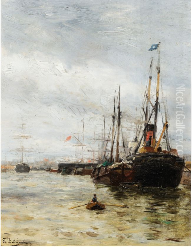 Boats at the Harbor Oil Painting by Edmond Marie Petitjean