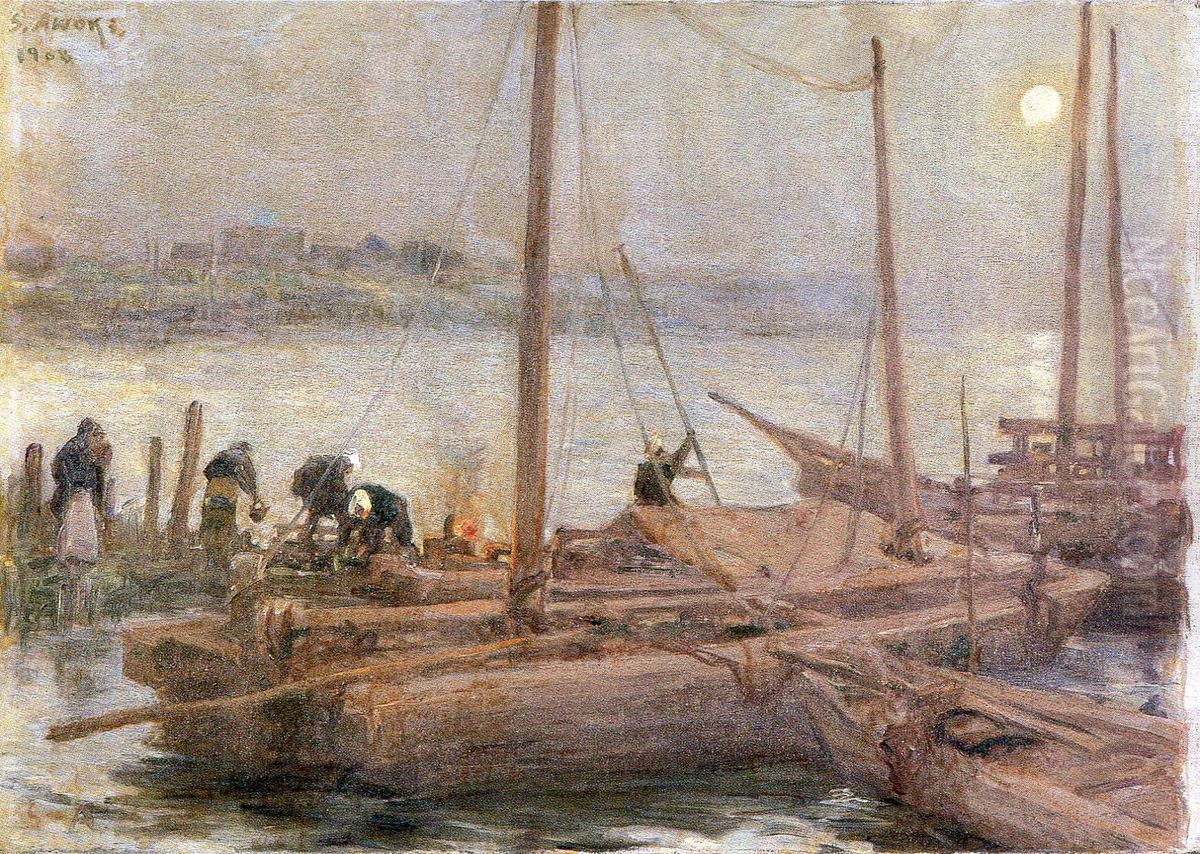 Boats Mooring under the Moon Oil Painting by Shigeru Aoki