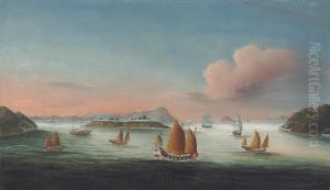 Bocca Tigris on the Pearl river, with Chinese Customs vessels, clippers, and a steamship beyond.