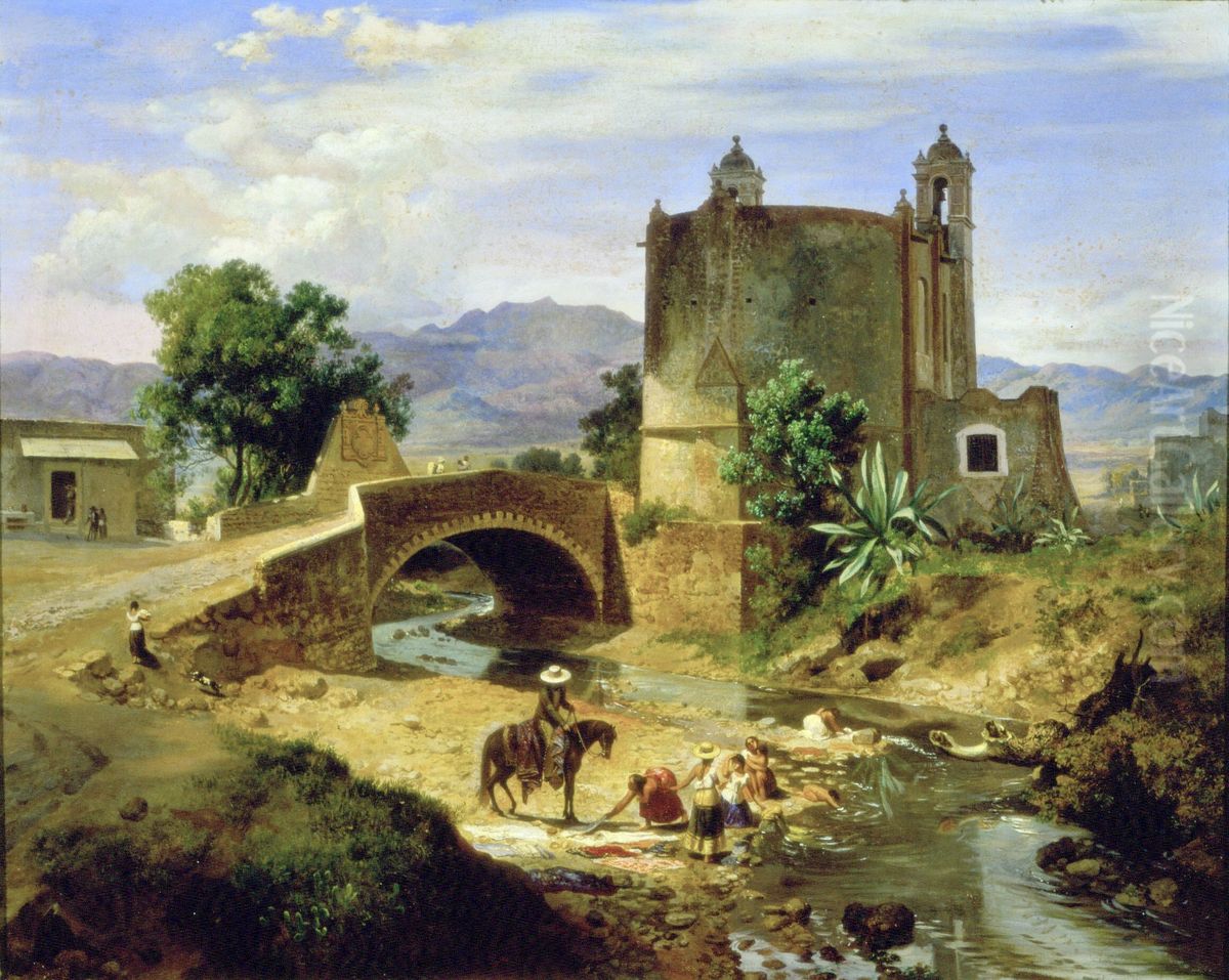 El puente de san Antonio en el camino de San Angel, junto a Panzacola Oil Painting by Eugenio Landesio