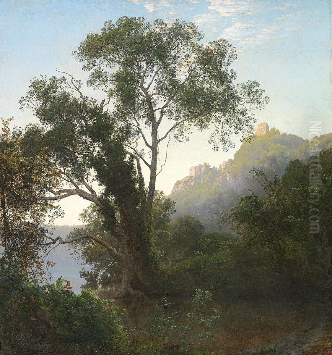 Early morning at Lake Nemi. Oil Painting by Janus Andreas Bartholin La Cour