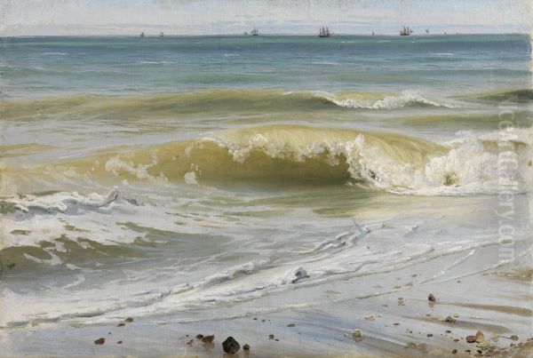 Breaking Waves with Distant Ships Oil Painting by Johann Wilhelm Schirmer