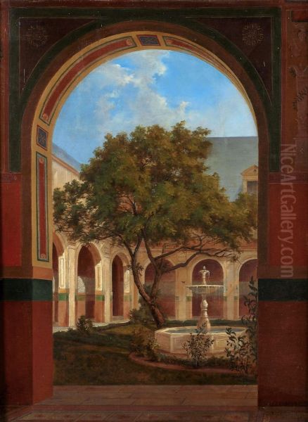 La Cour du murier a l'Ecole Imperiale des Beaux-Arts de Paris en 1866 Oil Painting by Zelia Lenoir