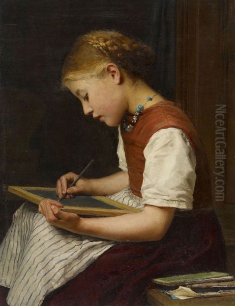 Schoolgirl doing homework Oil Painting by Albert Anker