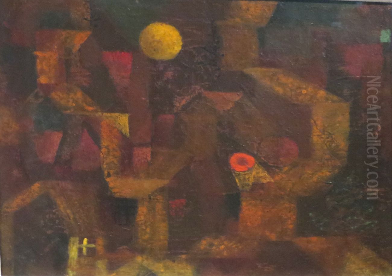 Abstract Architectural Composition with Dark Yellow Ball Oil Painting by Paul Klee
