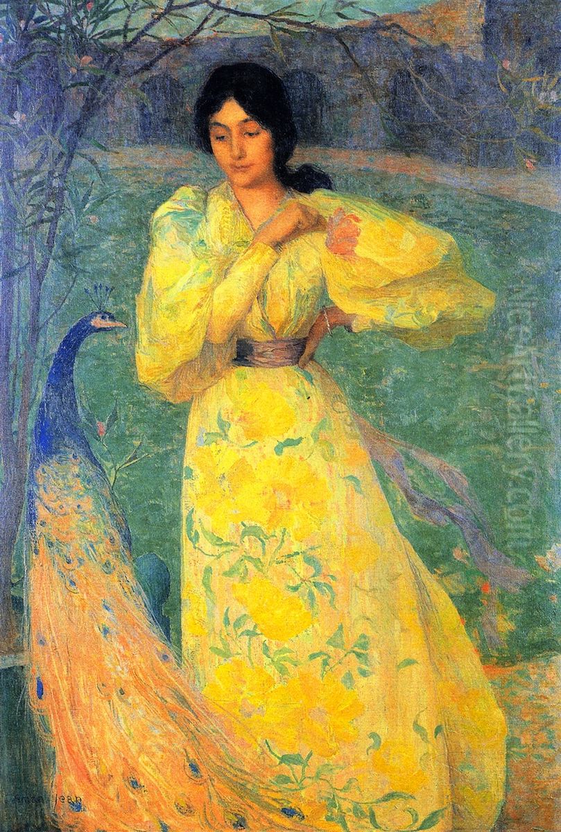 Giovane donna con pavone Oil Painting by Edmond-Francois Aman-Jean