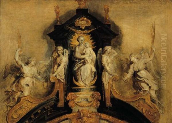 Ontwerp voor de bekroning van het hoofdaltaar van de jezuietenkerk in Antwerpen Oil Painting by (studio of) Rubens, Peter Paul