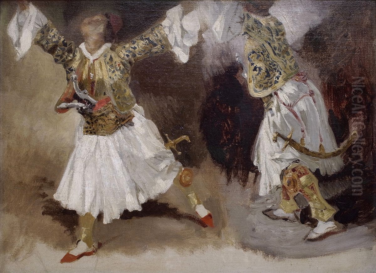 Two Greek soldiers dancing Oil Painting by Eugene Delacroix