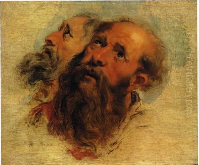 Study of the heads of two bearded apostles Oil Painting by (studio of) Rubens, Peter Paul