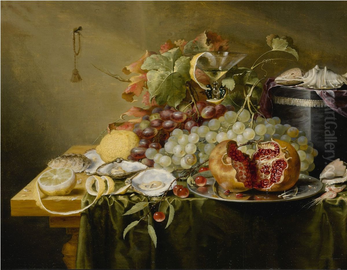 A Still Life with a Pomegranate and Other Fruits, Oysters, Shrimps and Shells on a Velvet Box on a Table Oil Painting by Laurens Craen