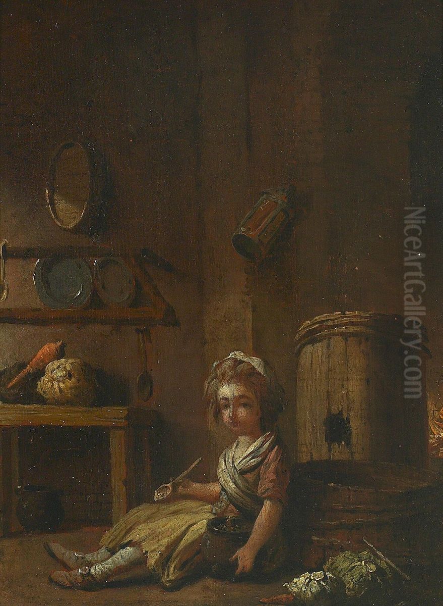 A young girl in a kitchen. Oil Painting by Peter Cramer