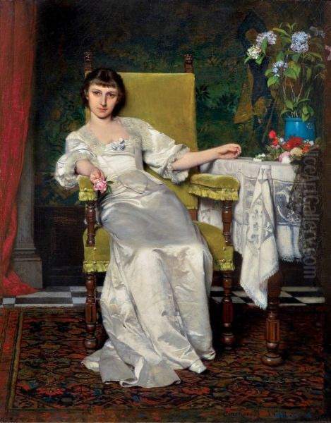 A lady with rose / The pink rose / Do You Want A Rose? Oil Painting by Wladyslaw Czachorski