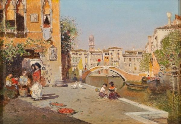 Sommerliche Szene an einem Kanal in Venedig. Oil Painting by Cesar Herrer