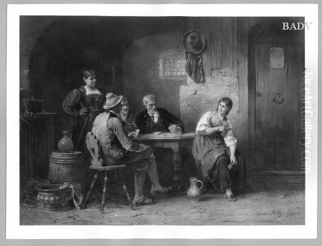 Wirtshausszene mit drei Mannern beim Kartenspiel Oil Painting by Anton Seitz