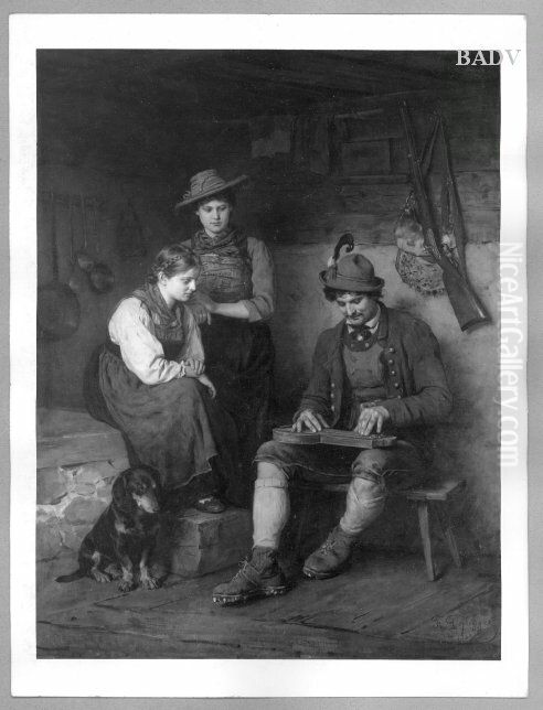 Zitherspieler und zwei Madchen Oil Painting by Franz Defregger Zitherspieler und zwei Madchen Oil Painting by Franz Defregger