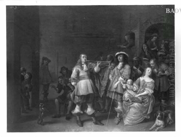 Jahrmarktszene mit Vorfuhrung eines Affen (Offiziersgesellschaft) Oil Painting by Anthonie Palamedesz.