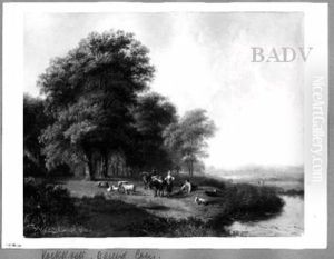 Flusslandschaft mit Staffage, drei Figuren und Schafe