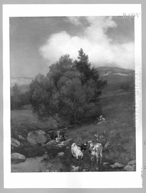 Hugellandschaft mit Kuhen und Wasser Oil Painting by Hans Thoma