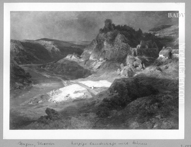 River- valley with old castle Oil Painting by Theodor Hagen