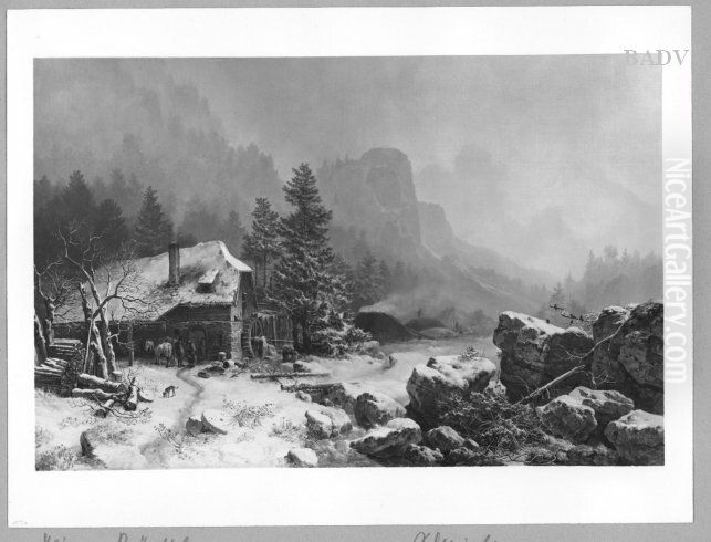 winter-landscape with smithery Oil Painting by Heinrich Burkel