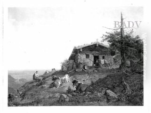 Bauernhaus am Seeufer mit Frau und Kuhen Oil Painting by Heinrich Burkel