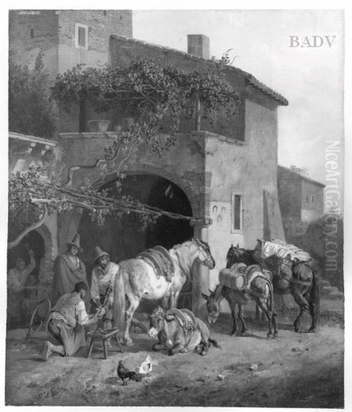 Pferde vor der Schmiede Oil Painting by Heinrich Burkel