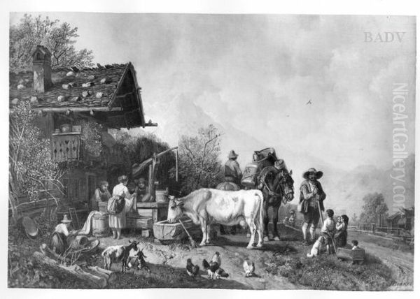 Bauern und Viehtranke in Gebirgslandschaft Oil Painting by Heinrich Burkel