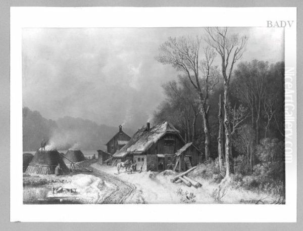 winter-landscape with charcoal-....unleserlich Oil Painting by Heinrich Burkel
