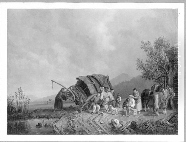 Umgefallener Bierwagen im Gebirge Oil Painting by Heinrich Burkel