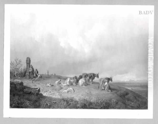 Kuhherde mit Sennerin und Hirten Oil Painting by Heinrich Burkel