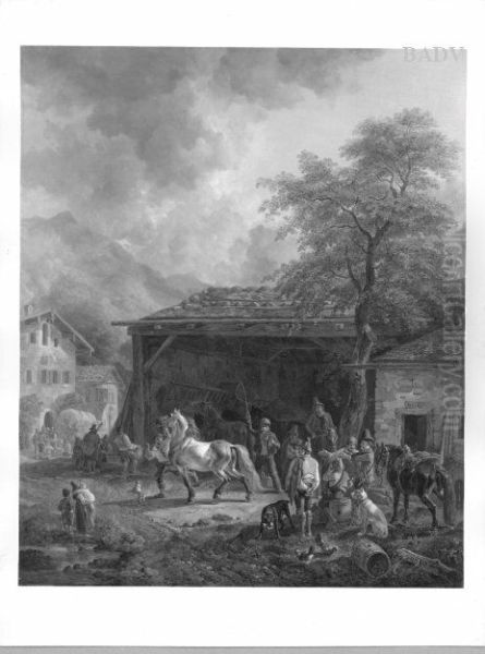 Pferdeverkauf im Dorf Oil Painting by Heinrich Burkel