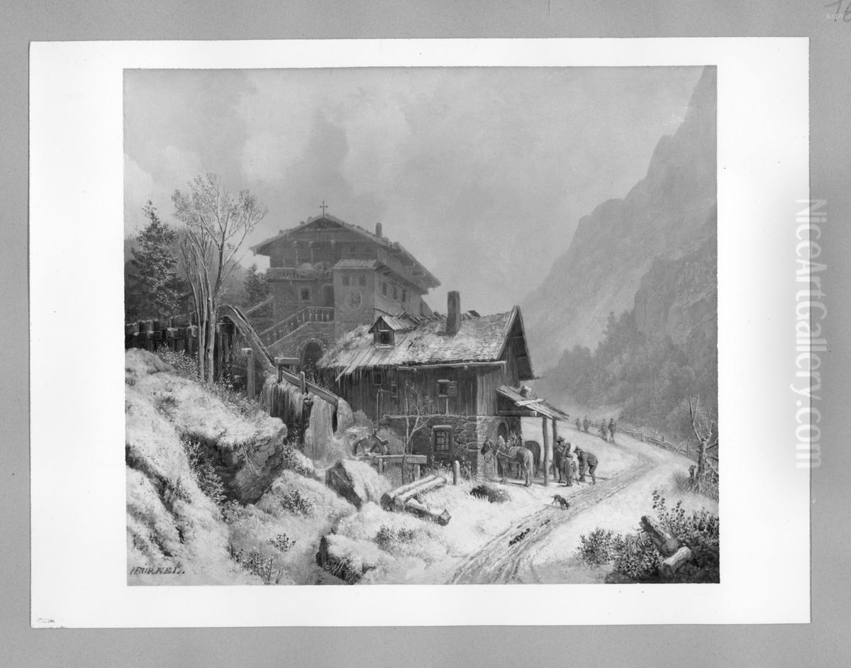 Winterlandschaft mit Bauernhaus und Schmiede Oil Painting by Heinrich Burkel
