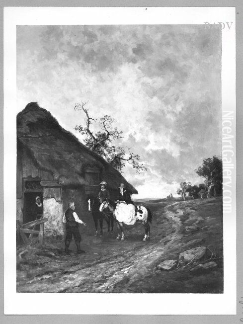 Herr und Dame zu Pferd vor einem Bauernhaus Oil Painting by Heinrich Breling