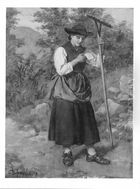 Girl with rake + letter Oil Painting by Franz Defregger