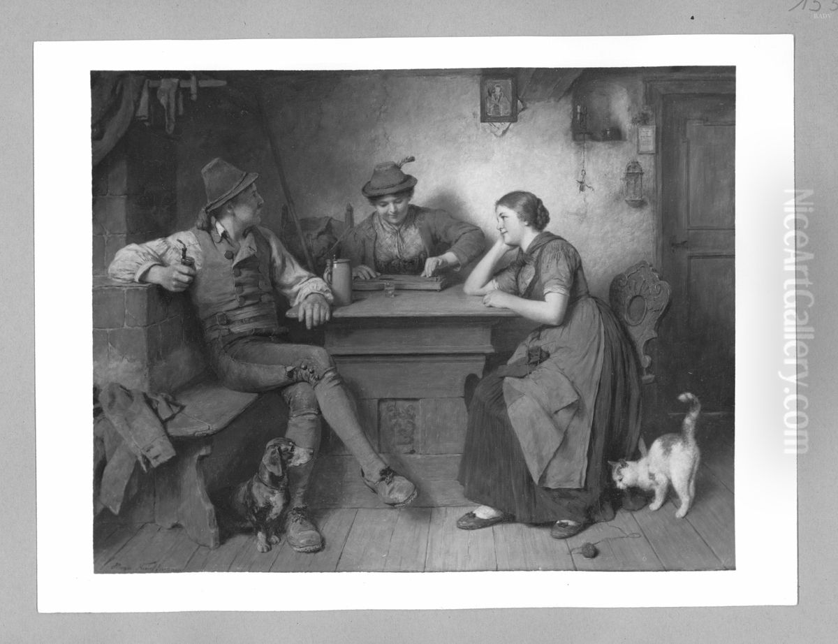 Mann mit zwei Frauen, von denen eine Zither spielt Oil Painting by Hugo Kauffmann