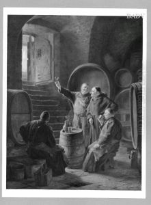 Monche im Keller bei der Weinprobe