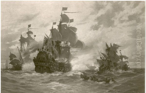Hamburger Konvoischiff Kaiser Leopold im Kampf Oil Painting by Hans Bohrdt