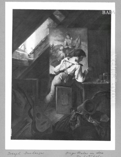 Poor (young) Painter in a Cottage Studio Oil Painting by Josef Danhauser